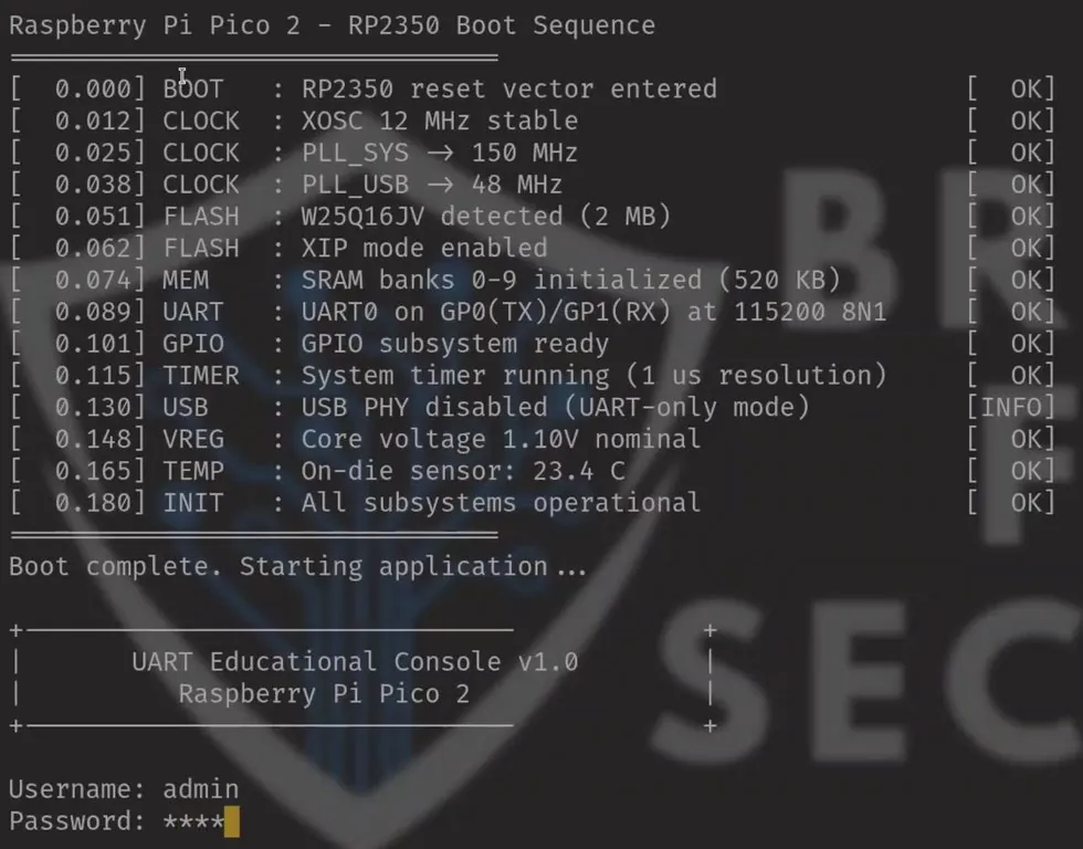 Serial terminal showing the Pico boot sequence and the username and password prompts