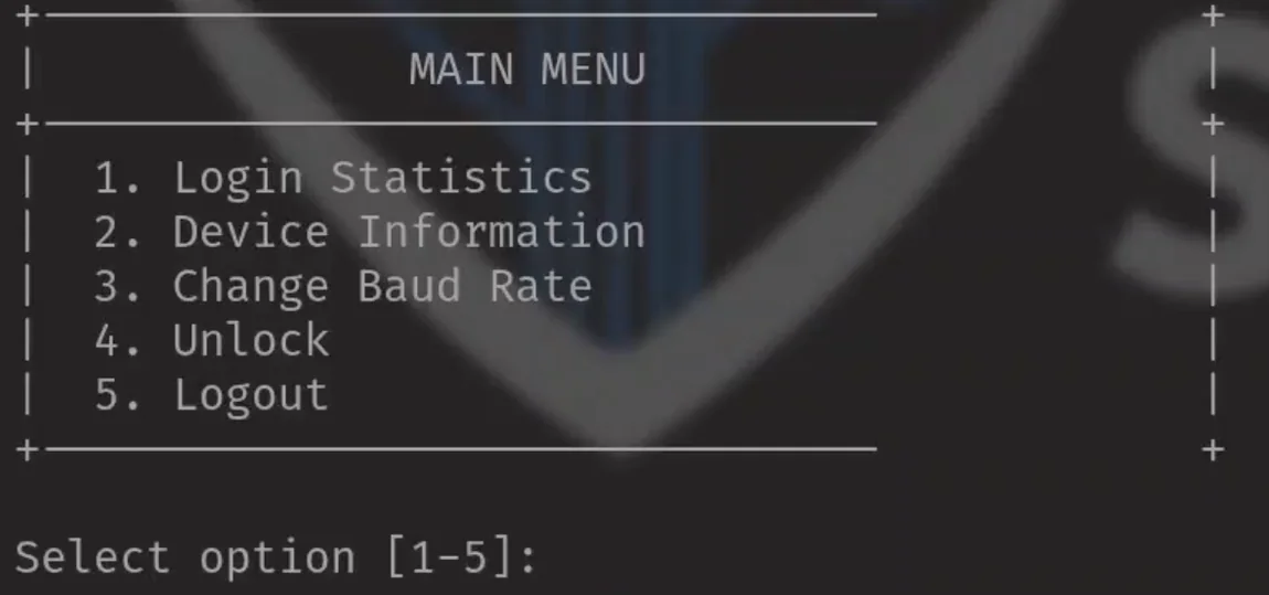 The firmware main menu listing five options