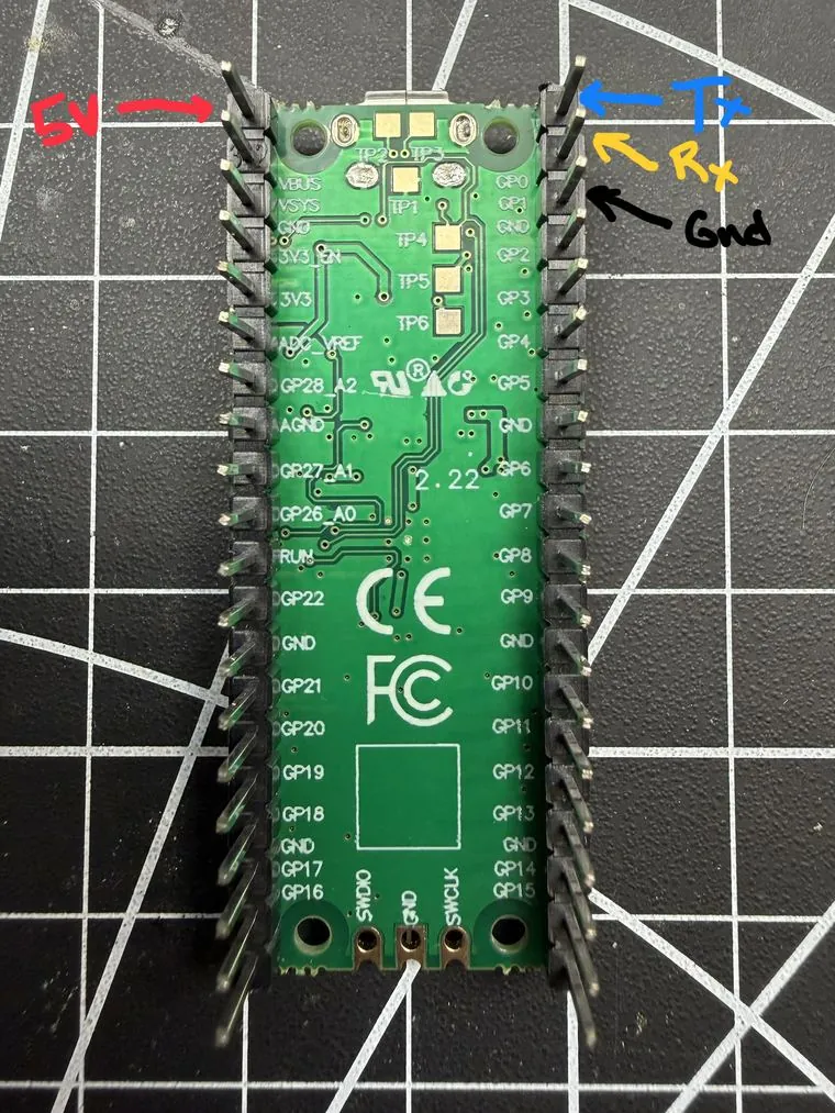 Underside of a Raspberry Pi Pico with 5V, TX, RX and GND pins annotated